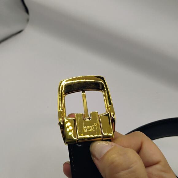 MONTBLANC Horseshoe Vintage Yellow Gold Finish 30MM Leather Belt 129424 - Picture 7 of 8